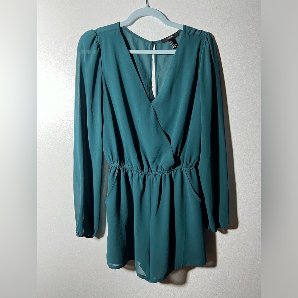 Teal Romper with Pockets and see thru sleeves cocktail attire size Large